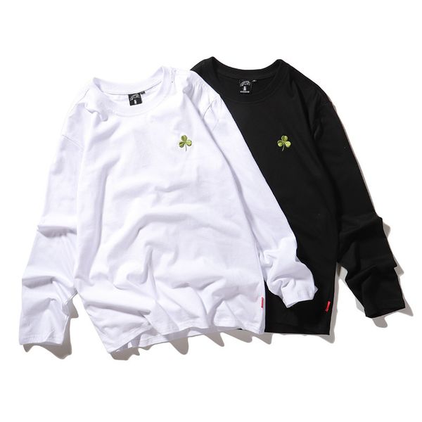t shirt autumn fashion brand small fresh clover embroidered women's solid color men's and long sleeve lovers' bottom, White;black
t shirt autumn fashion brand small fresh clover embroidered women's solid color men's and long sleeve lovers' bottom, White;black