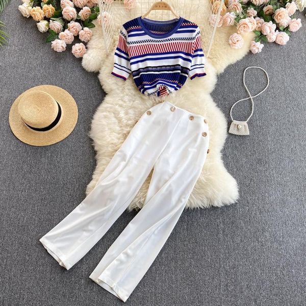 women's two piece pants temperament suit summer knit short-sleeved blouse all-match high-waist wide-leg fashionable two-piece gl717, White
women's two piece pants temperament suit summer knit short-sleeved blouse all-match high-waist wide-leg fashionable two-piece gl717, White