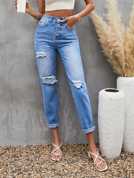 high waisted ripped button fly straight leg jeans o6ft#, Blue