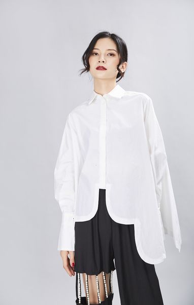 blouses msxu early autumn women's clothing design irregular niche feel loose of long female shirt sleeves europe and, White