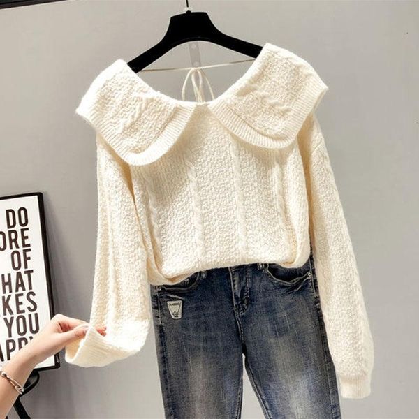 women's sweaters western style knitted korean outer wear long-sleeved doll collar sweater women 2021 spring and autumn clothes, White;black
women's sweaters western style knitted korean outer wear long-sleeved doll collar sweater women 2021 spring and autumn clothes, White;black