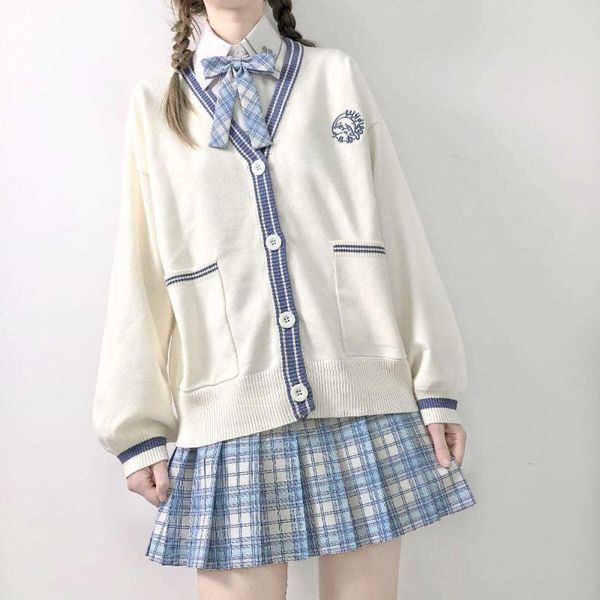 clothing sets female jk uniform japanese embroidered knitwear cardigan coat korean style single-breasted loose sweater, White
clothing sets female jk uniform japanese embroidered knitwear cardigan coat korean style single-breasted loose sweater, White