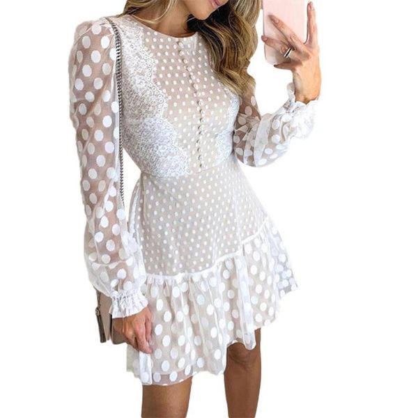 women dresses fashion long mesh sleeve o neck polka dot print lace stitching mini summer dress 2021 robe femme casual, Black;gray
women dresses fashion long mesh sleeve o neck polka dot print lace stitching mini summer dress 2021 robe femme casual, Black;gray