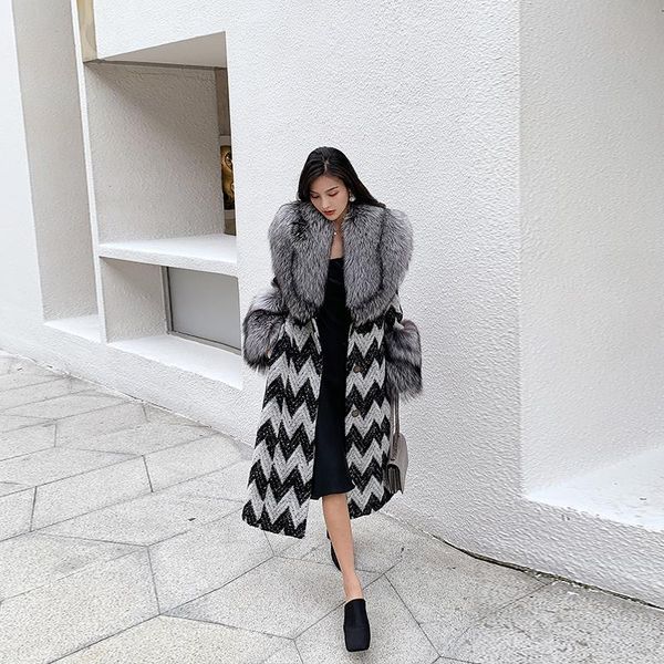 women's fur & faux 2021 winter female long wool coat with plush real collar serrated pattern ladies woolen outerwear, Black
women's fur & faux 2021 winter female long wool coat with plush real collar serrated pattern ladies woolen outerwear, Black