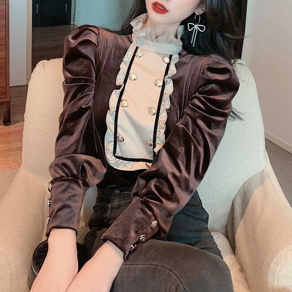 spring temperament vintage velvet double-breasted contrast color ruffles blouses women stand neck puff sleeve chic shirt female 210526, White
spring temperament vintage velvet double-breasted contrast color ruffles blouses women stand neck puff sleeve chic shirt female 210526, White