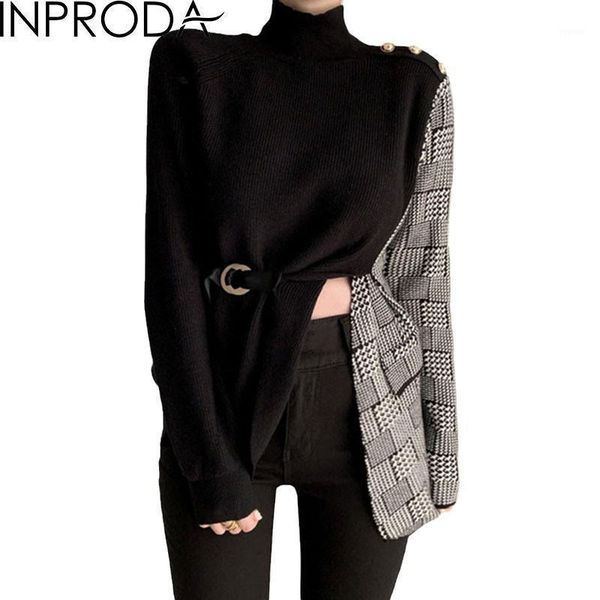 women sweater long sleeve turtleneck knitted plaid stitching pullovers loose irregular autumn winter, White;black
women sweater long sleeve turtleneck knitted plaid stitching pullovers loose irregular autumn winter, White;black