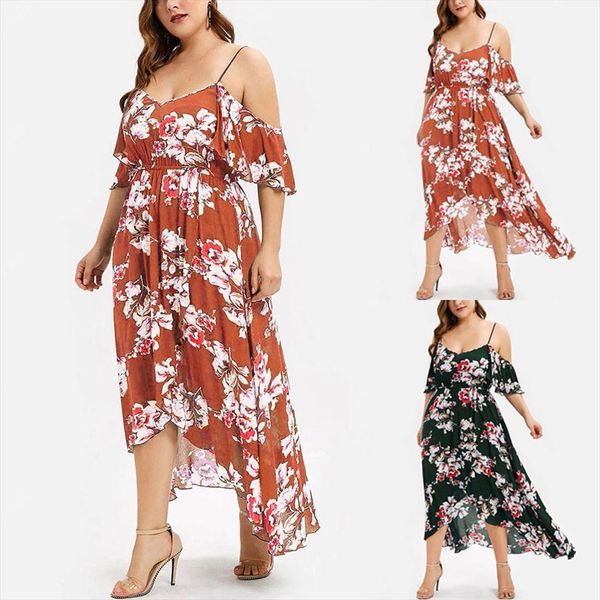 sling plus size women dresses casual printing summer short sleeve off shoulder irregular maxi vestidos, Black;gray 
sling plus size women dresses casual printing summer short sleeve off shoulder irregular maxi vestidos, Black;gray