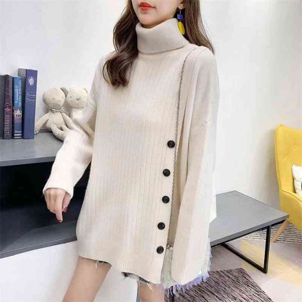 loose long-sleeved solid turtleneck sweater female button decoration lazy irregular mid-length knitted women spring 210427, White;black
loose long-sleeved solid turtleneck sweater female button decoration lazy irregular mid-length knitted women spring 210427, White;black