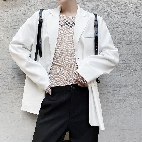 men's wear design niche personalized white blazers with pu leather strap 2021 autumn new all-match oversize suit, White;black
men's wear design niche personalized white blazers with pu leather strap 2021 autumn new all-match oversize suit, White;black