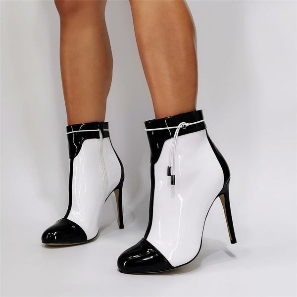 boots fashion black and white patent leather ankle thin high heels bandage patchwork mixed colors short
boots fashion black and white patent leather ankle thin high heels bandage patchwork mixed colors short
