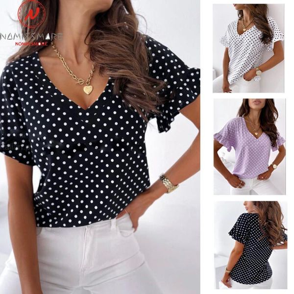 women's t-shirt fashion women summer dot print t-shirts patchwork design ruffles decor v-neck short sleeve casual loose thin top, White
women's t-shirt fashion women summer dot print t-shirts patchwork design ruffles decor v-neck short sleeve casual loose thin top, White