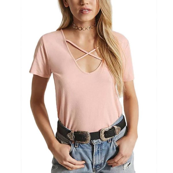 women's t-shirt summer loose tee shirts female cross bandage low-cut v-neck solid short sleeve casual 2021, White
women's t-shirt summer loose tee shirts female cross bandage low-cut v-neck solid short sleeve casual 2021, White
