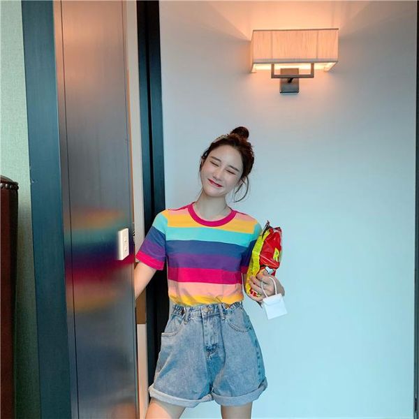 women's t-shirt 2021 summer ladies creative rainbow striped short sleeve loose women adults o-neck simple student casual base shirts, White
women's t-shirt 2021 summer ladies creative rainbow striped short sleeve loose women adults o-neck simple student casual base shirts, White