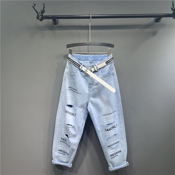 women's jeans high-waist pantalon belt denim pattern trousers loose hole femme dm001, Blue