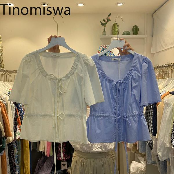 women's blouses & shirts tinomiswa drawstring lace up short sleeve blouse women solid color korean style female slim waist chic blusas, White
women's blouses & shirts tinomiswa drawstring lace up short sleeve blouse women solid color korean style female slim waist chic blusas, White