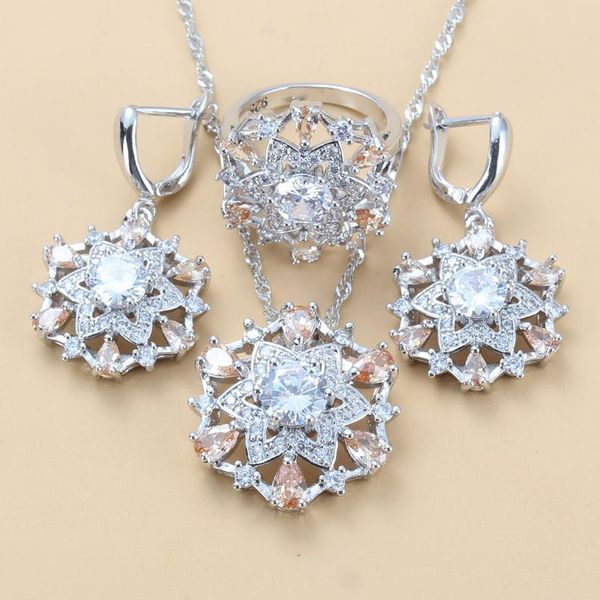 earrings & necklace fashion vintage accessories 6-color big jewelry sets champagne cz dangle and ring for women flower, Silver 
earrings & necklace fashion vintage accessories 6-color big jewelry sets champagne cz dangle and ring for women flower, Silver