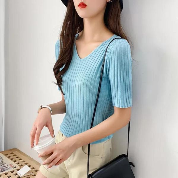 women's t-shirt summer women knitted short sleeve solid tshirt thin v-neck tee, White
women's t-shirt summer women knitted short sleeve solid tshirt thin v-neck tee, White