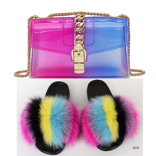 slippers women jelly chain bag set female rainbow fur slides match transparent shoulder girl fluffy furry flip flops, Black
slippers women jelly chain bag set female rainbow fur slides match transparent shoulder girl fluffy furry flip flops, Black