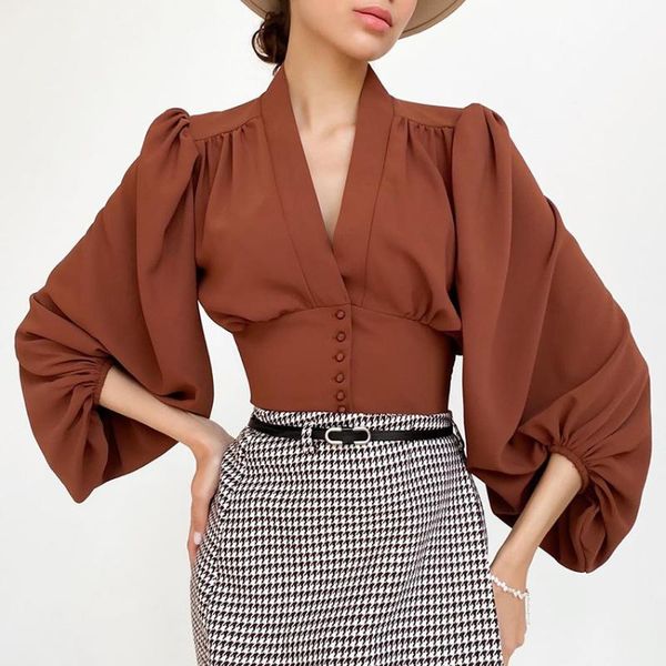 women's blouses & shirts fall french style women long puff sleeve elegant fashion v-neck loose office ladies vintage smocked cuffs blou, White
women's blouses & shirts fall french style women long puff sleeve elegant fashion v-neck loose office ladies vintage smocked cuffs blou, White