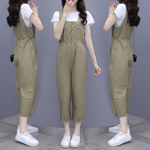 women's two piece pants leisure strap suit summer wear tooling one-piece 9-point straight tube slim two-piece set ensemble femme survet, White
women's two piece pants leisure strap suit summer wear tooling one-piece 9-point straight tube slim two-piece set ensemble femme survet, White