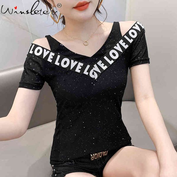 women's t-shirt summer korean clothes fashion v-neck off shoulder shiny patchwork letter women short sleeve tees 2021 t1, White 
women's t-shirt summer korean clothes fashion v-neck off shoulder shiny patchwork letter women short sleeve tees 2021 t1, White