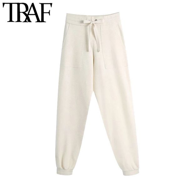 women chic fashion side pockets knitted pants vintage high waist with drawstring female ankle trousers mujer 210507, Black;white
women chic fashion side pockets knitted pants vintage high waist with drawstring female ankle trousers mujer 210507, Black;white