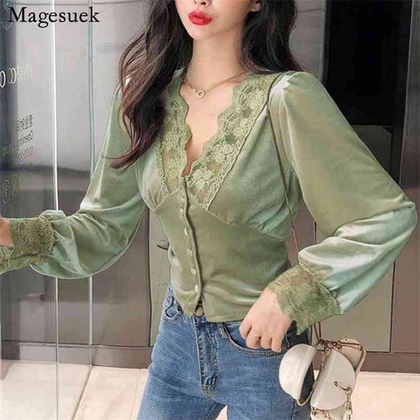 fashion long sleeve v neck woman blouses korean chic lace elegant button shirts for women slim solid office lady 10563 210512, White