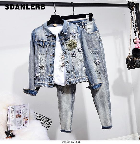 two piece dress denim set women's european style 2021 spring autumn fashion short embroidered flower jacket stretch jeans twopiece, White
two piece dress denim set women's european style 2021 spring autumn fashion short embroidered flower jacket stretch jeans twopiece, White