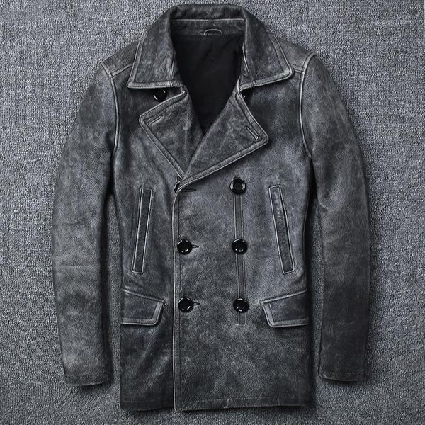 men's leather & faux men jackets medium and long length cowskin vintage retro double breasted coat, Black
men's leather & faux men jackets medium and long length cowskin vintage retro double breasted coat, Black