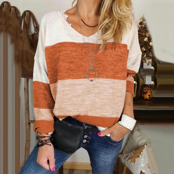 women's t-shirt casual women v neck long sleeve color block patchwork plus size loose, White 
women's t-shirt casual women v neck long sleeve color block patchwork plus size loose, White