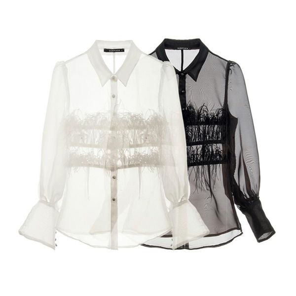 women's blouses & shirts organza patchwork feathers turn-down neck single breasted lantern long sleeve sheer blouse shirt k023, White
women's blouses & shirts organza patchwork feathers turn-down neck single breasted lantern long sleeve sheer blouse shirt k023, White