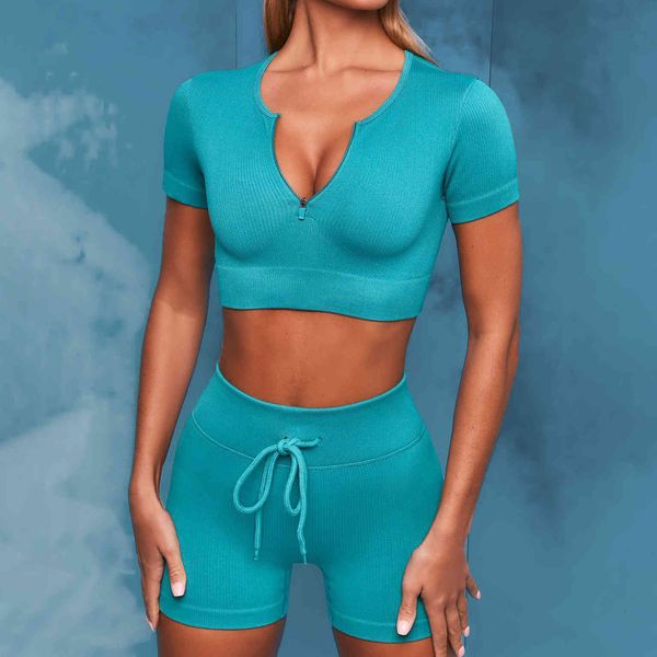 summer short sleeve shorts yoga suit seamless knitted chest zipper vertical stripe sportswear women, Gray
summer short sleeve shorts yoga suit seamless knitted chest zipper vertical stripe sportswear women, Gray