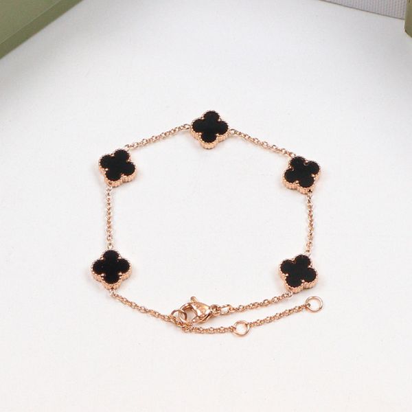 new women's four-leaf clover chain van guilloche carved five-flower cleef bracelet titanium steel arpels plated 18k rose gold with box, Black
new women's four-leaf clover chain van guilloche carved five-flower cleef bracelet titanium steel arpels plated 18k rose gold with box, Black