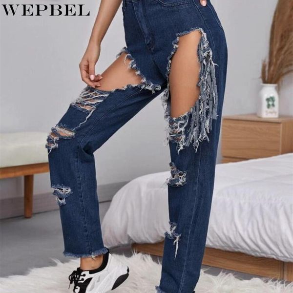 women's jeans wepbel tassel ripped casual button summer fashion high waist solid color denim straight-leg pants, Blue
women's jeans wepbel tassel ripped casual button summer fashion high waist solid color denim straight-leg pants, Blue