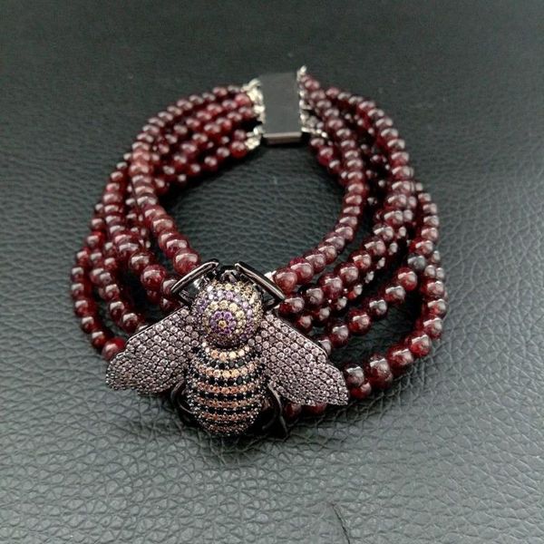 women's 8" 6 rows natural round garnet bracelet cz pave bee connector beaded, strands, Black
women's 8" 6 rows natural round garnet bracelet cz pave bee connector beaded, strands, Black