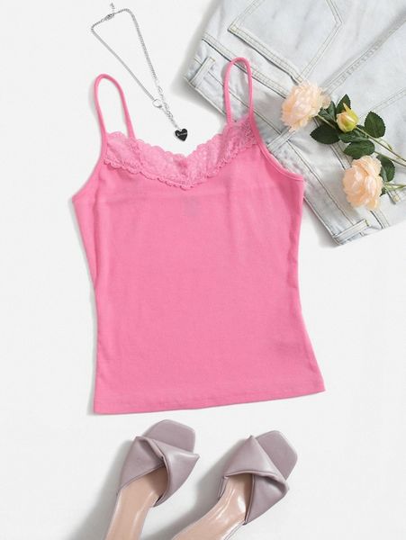 lace trim rib knit cami c1wq#, White