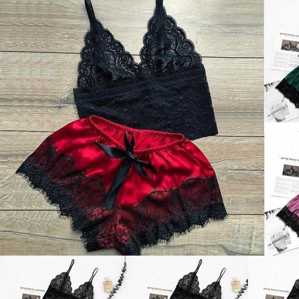 sleep wear lingerie satin women sleepwear lace floral v neck sleeveless nightwear shorts pajamas, Black;red
sleep wear lingerie satin women sleepwear lace floral v neck sleeveless nightwear shorts pajamas, Black;red