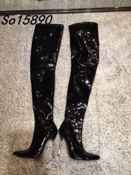 

boots 2021 large sizes thigh high for women over the knee super thin heels 12cm stilettos metal pointy toes boot, Black