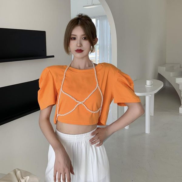 women's t-shirt women show hilum brief paragraph shoulder pads round collar hubble-bubble sleeve + character pearl chain vest, White
women's t-shirt women show hilum brief paragraph shoulder pads round collar hubble-bubble sleeve + character pearl chain vest, White