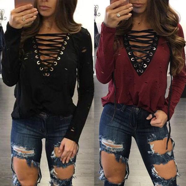 women's t-shirt us stock fashion women v-neck lace-up long sleeve hole loose cotton stylish t shirt fall autumn spring, White
women's t-shirt us stock fashion women v-neck lace-up long sleeve hole loose cotton stylish t shirt fall autumn spring, White