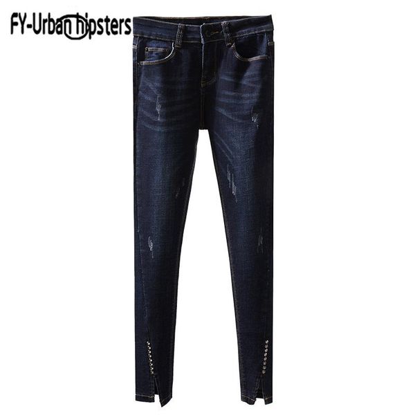 spring autumn women's split slim thin elastic jeans nine pants ripped denim with rivets casual female trousers, Blue
spring autumn women's split slim thin elastic jeans nine pants ripped denim with rivets casual female trousers, Blue