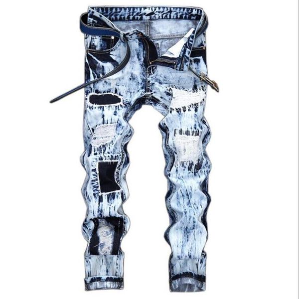 spring autumn men's ripped print street hip hop punk stretch bike jeans trendy holes straight denim trouers, Blue
spring autumn men's ripped print street hip hop punk stretch bike jeans trendy holes straight denim trouers, Blue