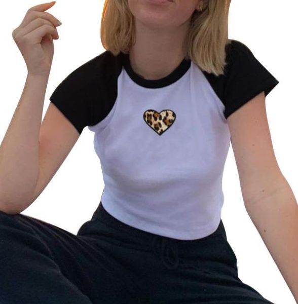 women's t-shirt girls summer round collar ladies fashionable leopard print heart raglan short sleeve crop slim base shirtÂ, White
women's t-shirt girls summer round collar ladies fashionable leopard print heart raglan short sleeve crop slim base shirtÂ, White