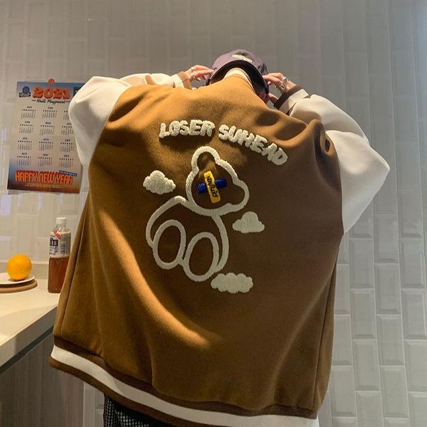 men's jackets autumn and winter jacket sweater cartoon bear embroidered baseball uniform contrast stitching, Black;brown
men's jackets autumn and winter jacket sweater cartoon bear embroidered baseball uniform contrast stitching, Black;brown