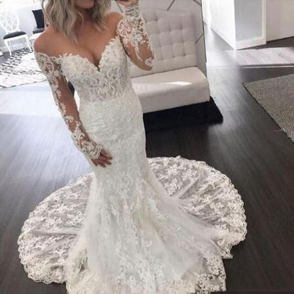 off shoulder long sleeves full lace mermaid wedding dresses appliqued court train plus size bridal gowns vestidos de novia, White
off shoulder long sleeves full lace mermaid wedding dresses appliqued court train plus size bridal gowns vestidos de novia, White