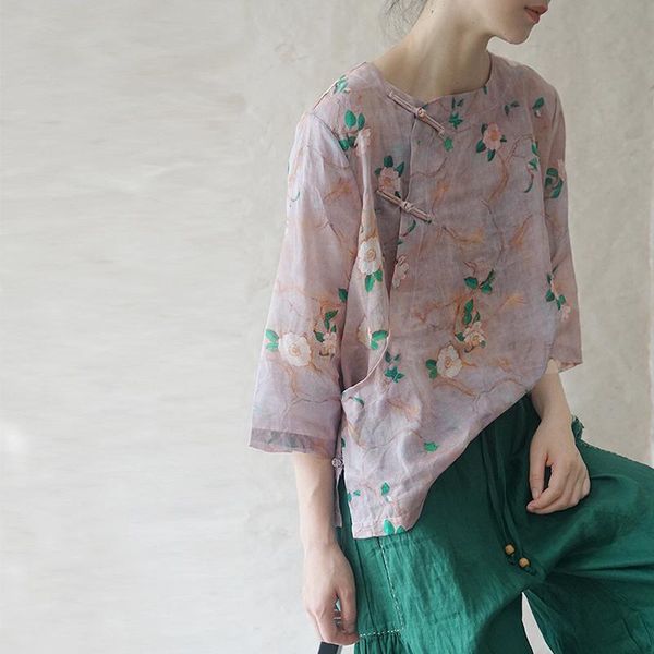 women's blouses & shirts summer ramie sunscreen shirt female loose retro buckle round neck 3/4 sleeve, White
women's blouses & shirts summer ramie sunscreen shirt female loose retro buckle round neck 3/4 sleeve, White