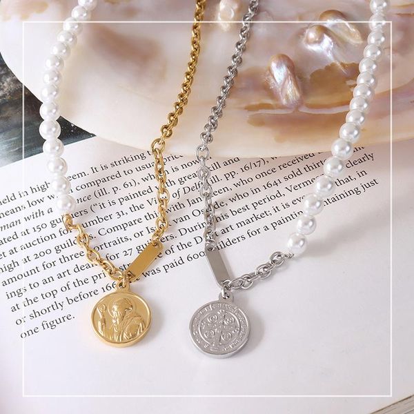 chains evimi 18k gold minimalist imitation pearl round brand portrait clavicle chain necklace handmade choker jewelry, Silver 
chains evimi 18k gold minimalist imitation pearl round brand portrait clavicle chain necklace handmade choker jewelry, Silver