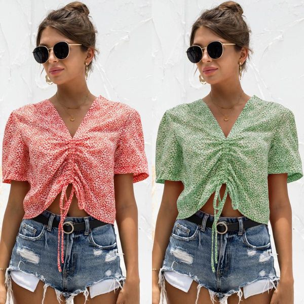 women's blouses & shirts women blusas shirring print short v-neck drop shirt, White
women's blouses & shirts women blusas shirring print short v-neck drop shirt, White