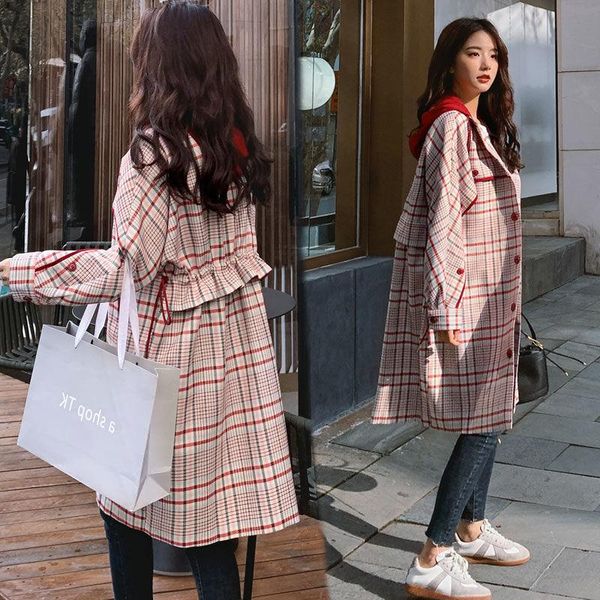 women's trench coats female windbreaker hooded plaid coat 2021 spring autumn korean long lady outwear casual loose stitching women, Tan;black
women's trench coats female windbreaker hooded plaid coat 2021 spring autumn korean long lady outwear casual loose stitching women, Tan;black