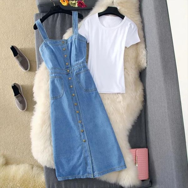 Summer Denim Vintage Blue Jeans Womens Dresses T Shirt Two Piece Casual Slim Strap Long Mujer Talla Grande, Black;gray
Summer Denim Vintage Blue Jeans Womens Dresses T Shirt Two Piece Casual Slim Strap Long Mujer Talla Grande, Black;gray